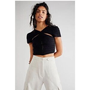 Tach Clothing Blouse Lara Crochet Knit Cutout Short Sleeve in Black